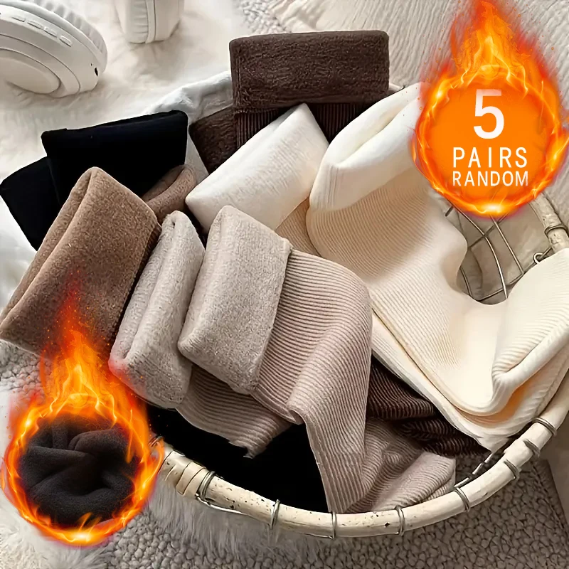 5 Pairs Women's Thick Warm Socks – Soft Solid Color Mid-Calf Crew Socks, Cozy Versatile Winter & Autumn Everyday Socks
