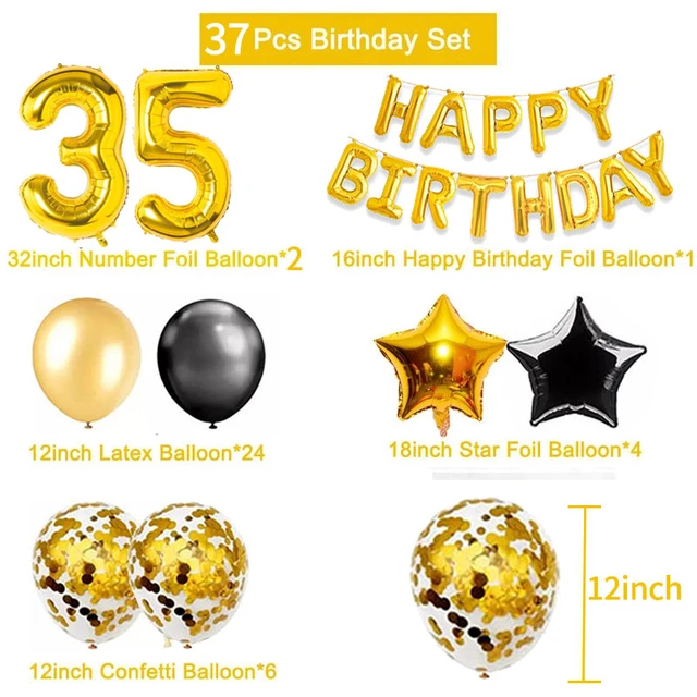 6 palloncini Happy Birthday nero e oro