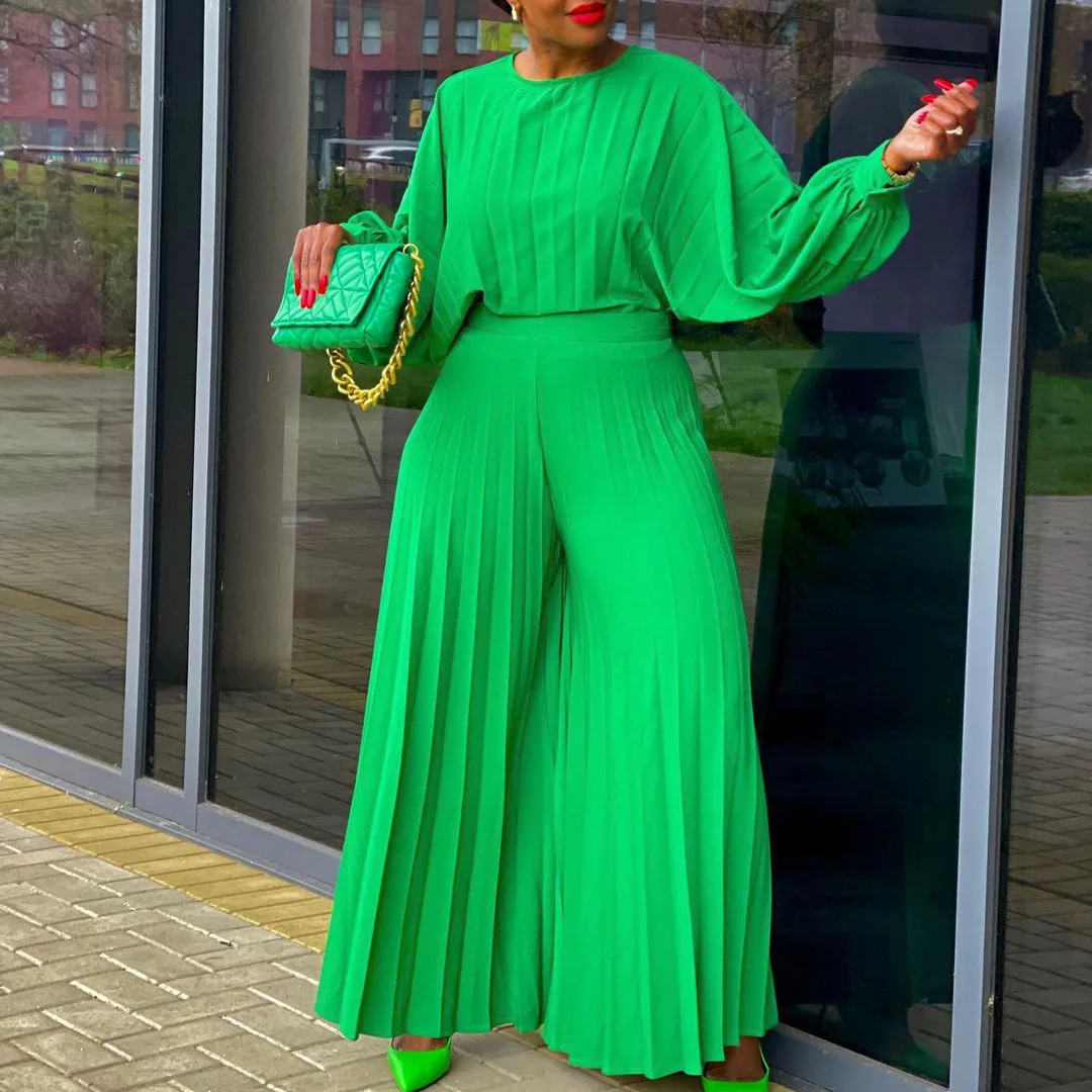 

Pleated Wide Leg Pants Two Peice Set For Women Matching Sets 2023 Autumn Casual O Neck Long Sleeve Outfits Vestidos Tracksuit