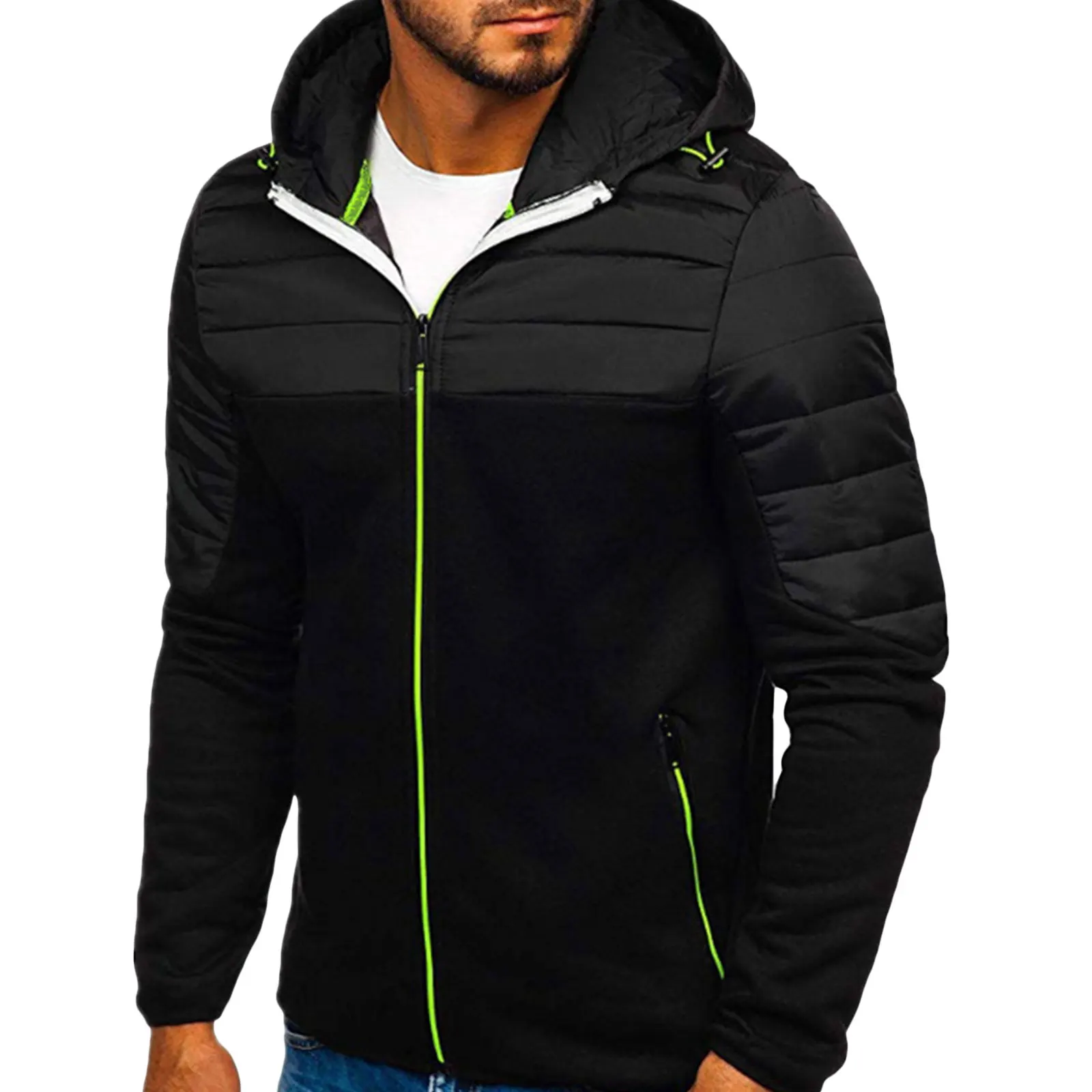 

Men Hooded Jacket Long Sleeve Patchwork Zipper Closure Fall Outwear with Pockets