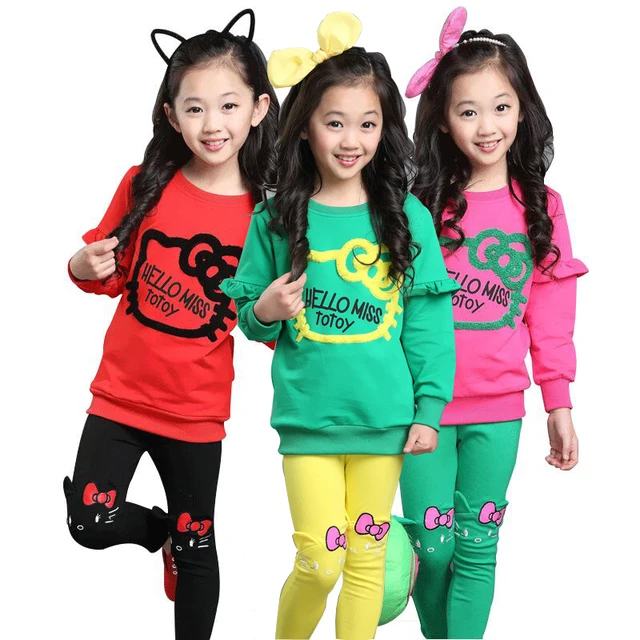 3 Color Spring Girls Clothing Set Cotton Lovely Cat Suit For Kids Shirt + Pants 2Pcs High-Quality 2-9 Years Children Clothes