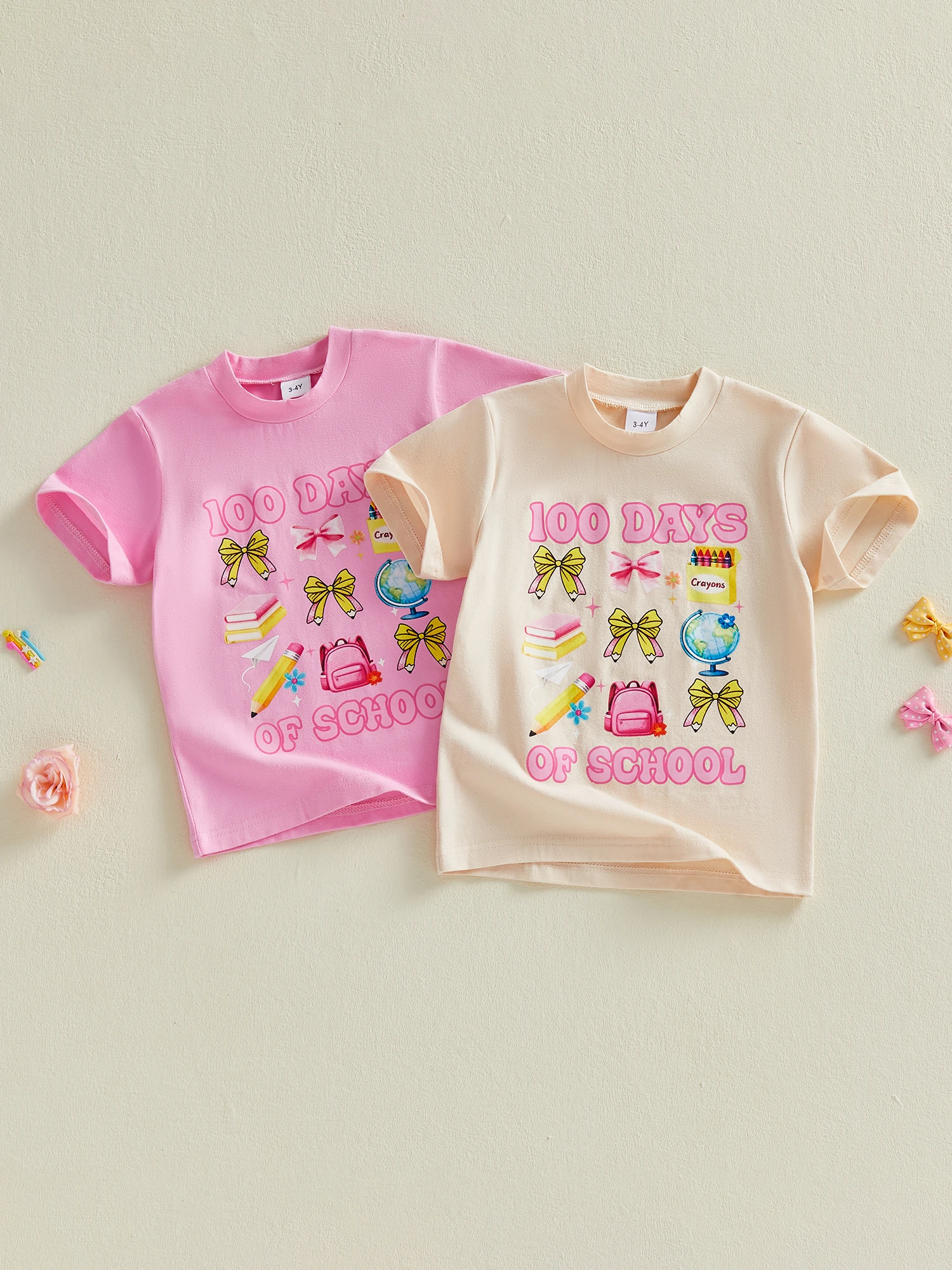 Kids 100 Days Of School T-Shirts Short Sleeve Round Neck Dinosaur Print Tops Children s Tees with Bow Detail