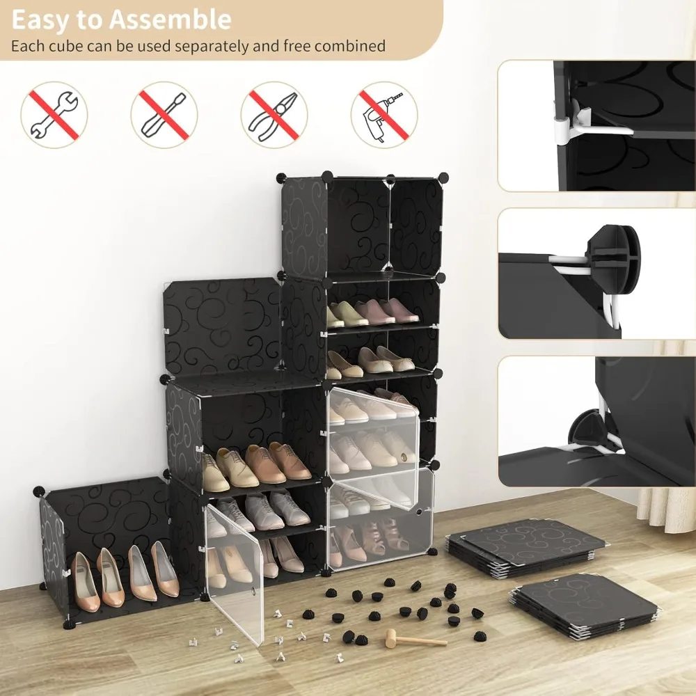 portable shoe rack with door, 64 pairs cabinet easy assembly, plastic adjustable shoe storage organizer stackable detachable fre
