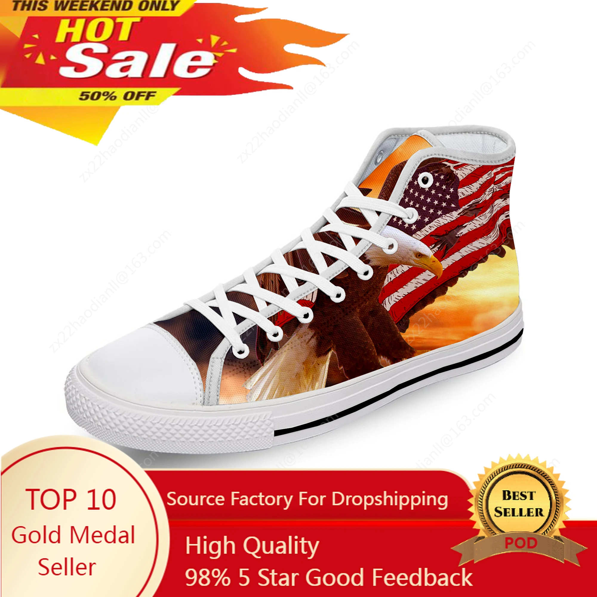 

USA American Flag Eagle Hot Cool White Cloth Fashion 3D Print High Top Canvas Shoes Men Women Lightweight Breathable Sneakers