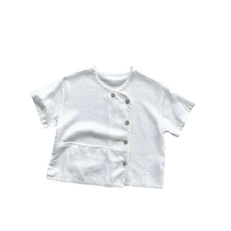 Cotton Linen Style Short Sleeve T-Shirt Children's Fashion Retro Wind Clothing for Boys And Girls Kids Personalized Korean Versi