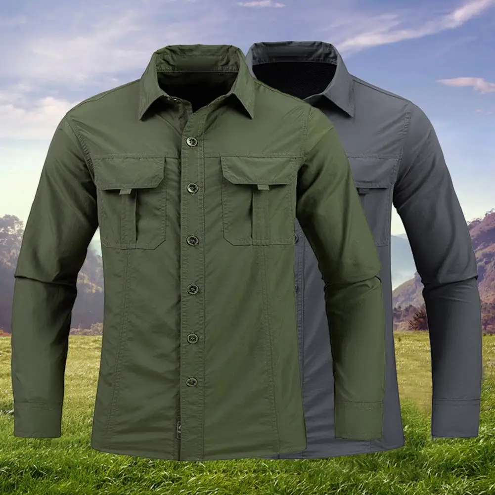 Breathable Shirt Outdoor Workwear Shirt for Men Quick Dry Breathable Long Sleeve with Big Pockets Solid Color Lapel for Spring 3 8cm 120cm new aluminum alloy tactical nylon woven belt for men elastic waistband outdoor workwear designer quick release belt