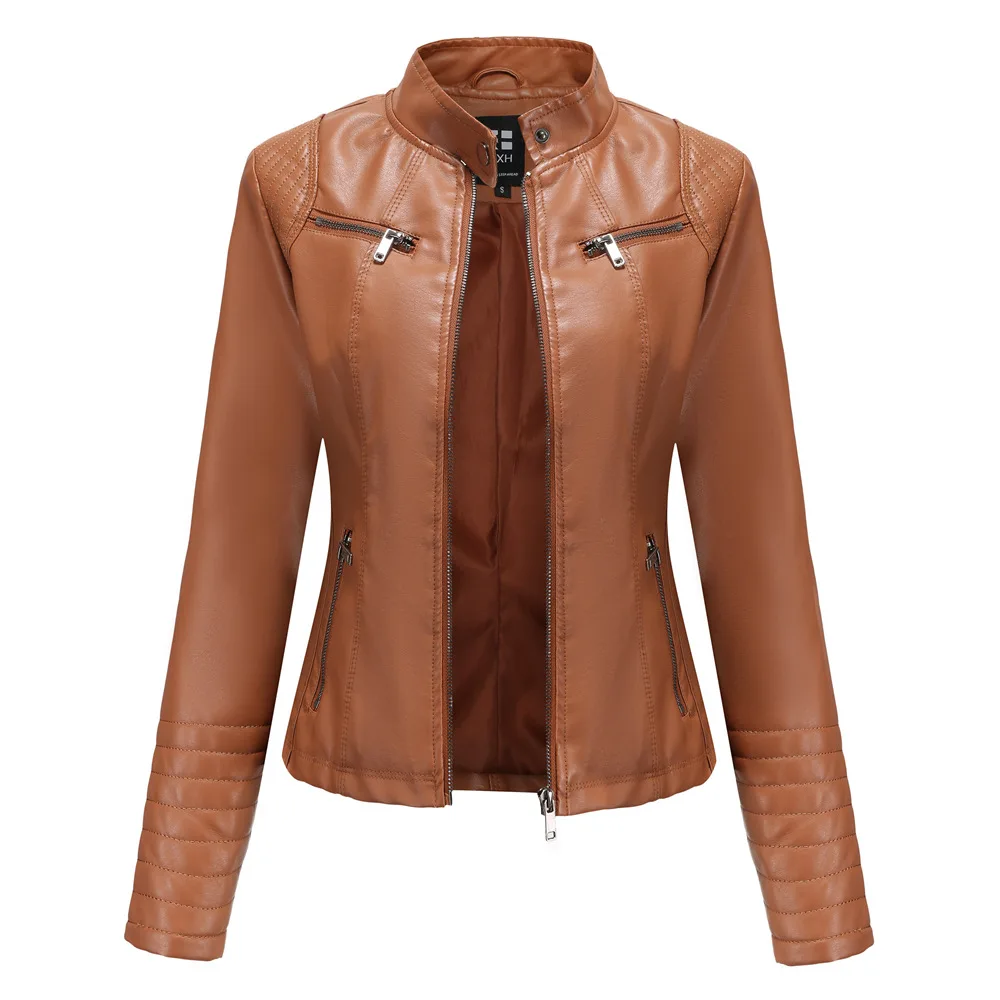 Faux Leather Women Coat Pu Coats Thin Jacket Full Sleeve Stand Collar Slim Fit Solid Sexy Regular Jackets Zipper Casual Splice