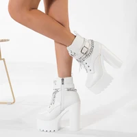Gdgydh Women's Chain Decor Block Heeled Boots Fashion Lace Up Side Zipper Platform Boots Stylish Ankle Boots High Heels - Image 2