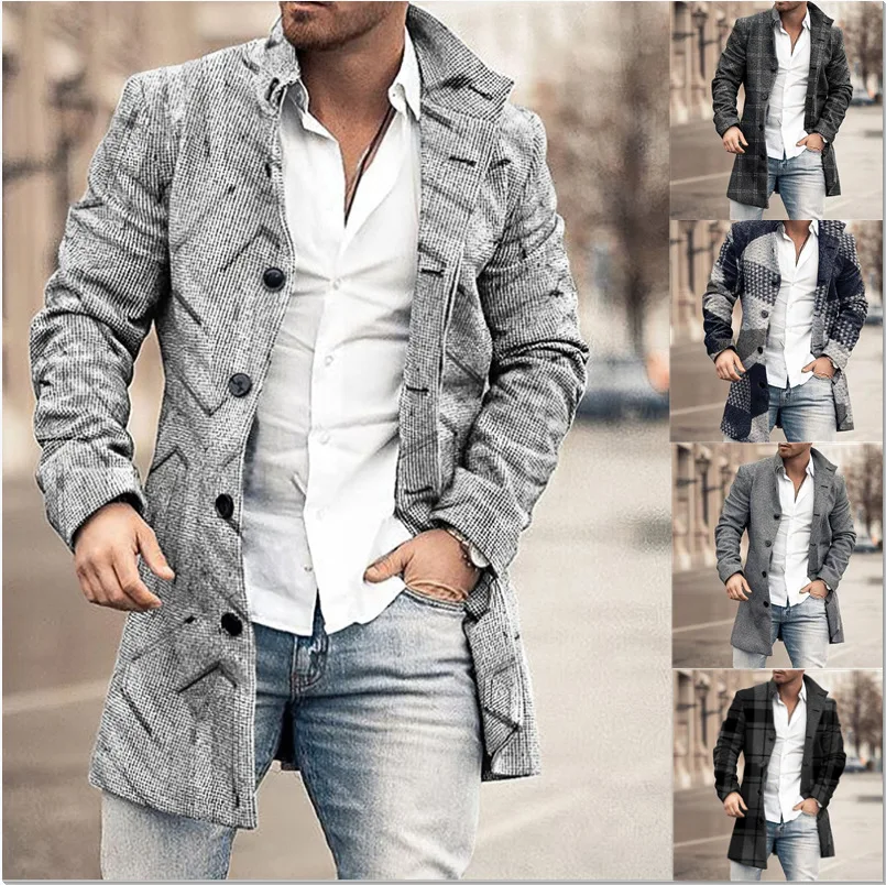 Autumn Winter Woolen Printing Men's Coat Windbreaker Long Sleeve Single Breasted Button Fashion Casual Jacket wool overcoat