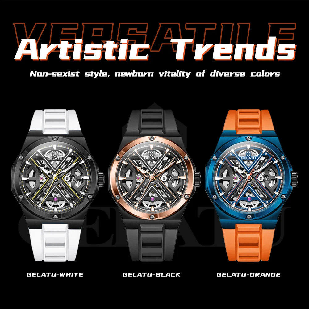 GELATU 6006 Automatic Watch For Men Original Deep Waterproof Man Mechanical Wristwatch Hollow Skeleton Sapphire Mirror Men Watch