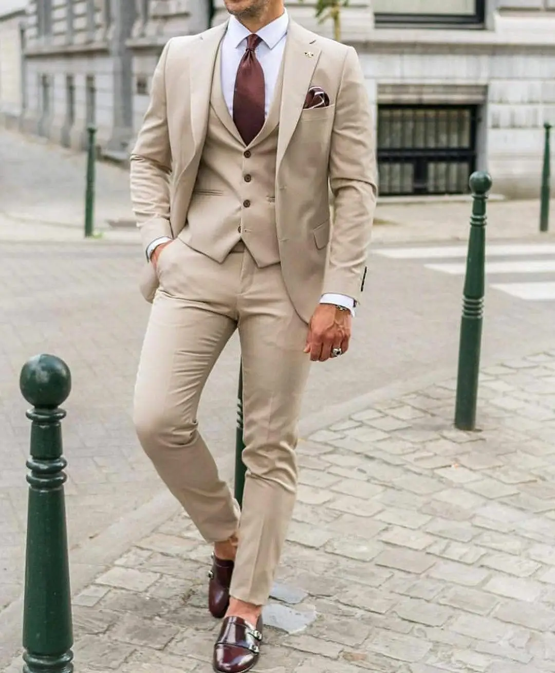 Blazer de traje Beige para hombre, esmoquin ajustado para boda, de 3 piezas chaleco, pantalones de novio a medida, traje Formal de negocios para fiesta graduación informal| | - AliExpress