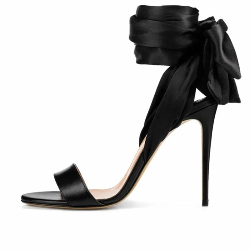 

Black Ribbon Lace Up High Heel Sandals Peep Toe Thin Heels Ankle Wrap Summer Banquet Dress Shoes