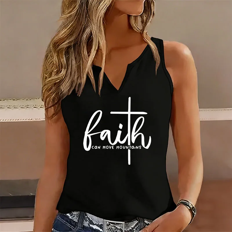 �Faith Can Move Mountains“-T-Shirt mit Buchstaben-Aufdruck, ärmelloses Tank-Top, T-Shirt mit V-Ausschnitt, Weste, T-Shirts für Damen, kurzärmeliges T-Shirt mit V-Ausschnitt