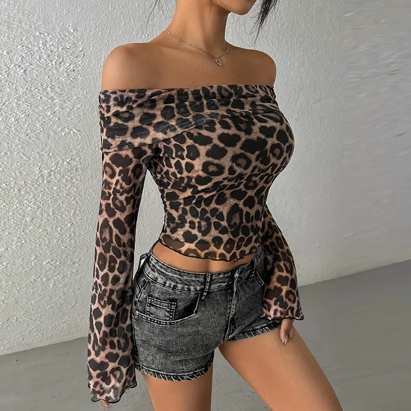 Leopard Printed Mesh T-shirt Top For Women Off-Shoulder Long Sleeve Cropped Y2k Top Pullover Contrast Female Slim Tee