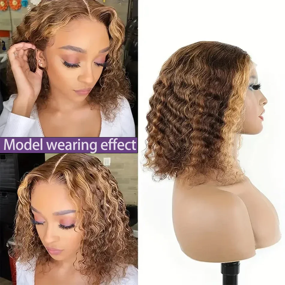 Deep Wave Highlight 13x4 HD Lace Front Bob Wigs Water Wave Human Hair Lace Frontal Wig 10-16 Inch 4/27 Color Preplucked Hair Bob
