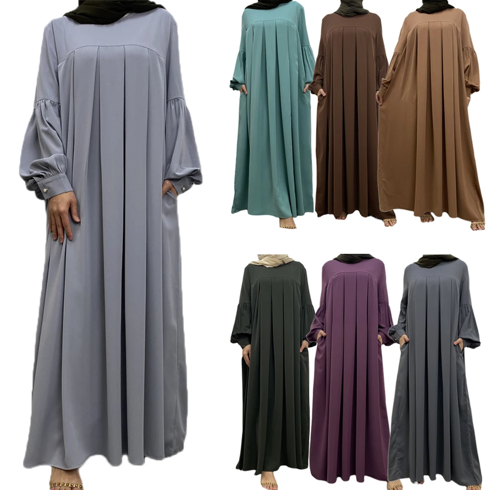 

Plain Abaya for Women Islamic Clothing Ramadan Muslim Prayer Long Dress African Dresses Dubai Turkish Robe Pleated Pockets Dress