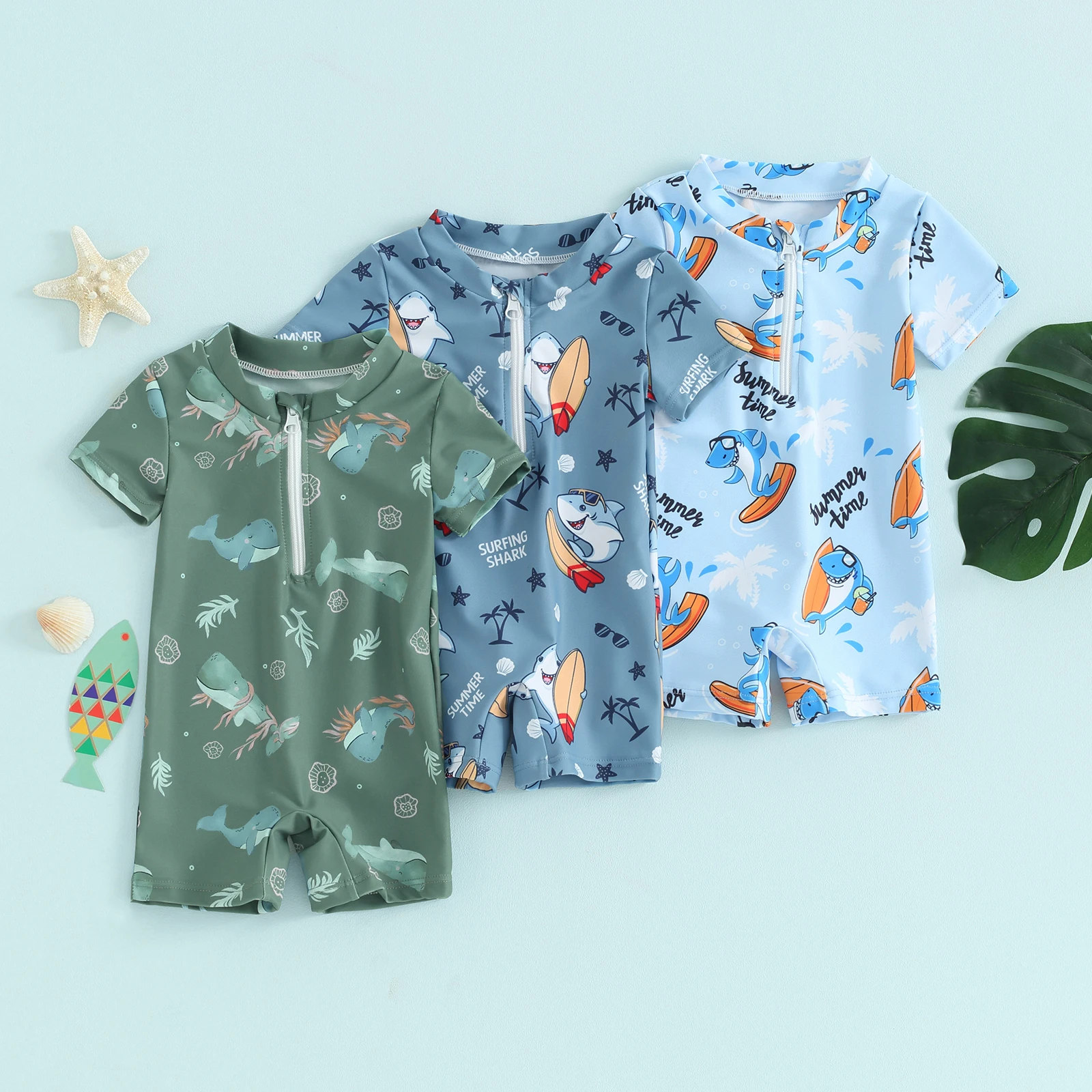 Cartoon Baby Boys Swimwear Beach Wear Cute Marine Life Print Short Sleeve Swimsuits Front Zipper Bathing Suits For Kids Infant