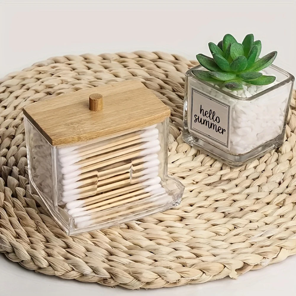 Storage Box 1 Household Cotton Swab Acrylic Square Bamboo Cover Suitable For Bathroom Bedroom Transparent
