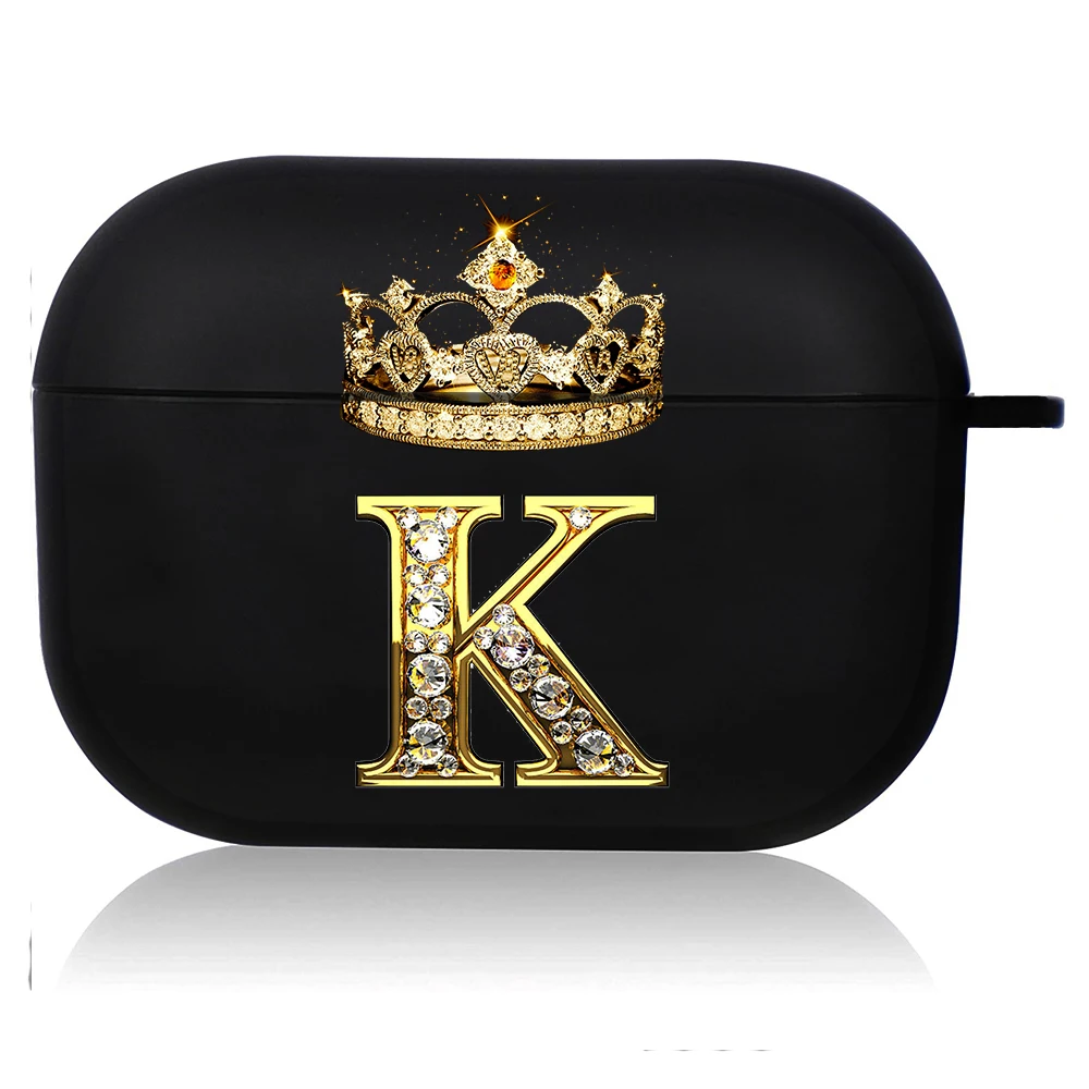 Elegant Diamond Crown Initial AirPods Case - Black Wireless Bluetooth Earphone Cover