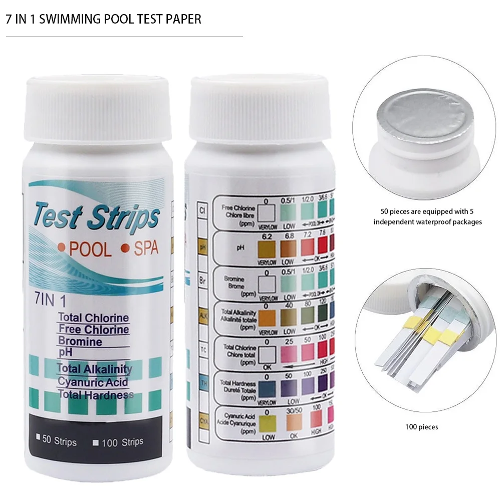 

50/100pcs 7 In 1 Multipurpose Chlorine PH Test Strips Swimming Pool Water Tester Paper Residual Chlorine PH Value Measure Paper