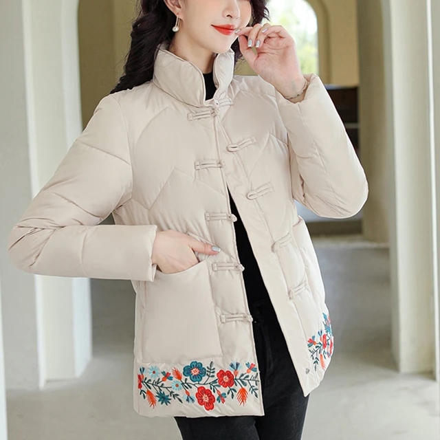 Chinese Style Women Hooded Coat Buttons Floral Print Cotton Outwear Long  Parka L