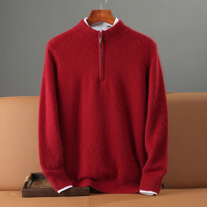 Autumn Winter Thick 100% Mink Cashmere Sweater Men's Semi High Neck Zipper Knitted Pullover Casual Business Warm Menswear Tops 6