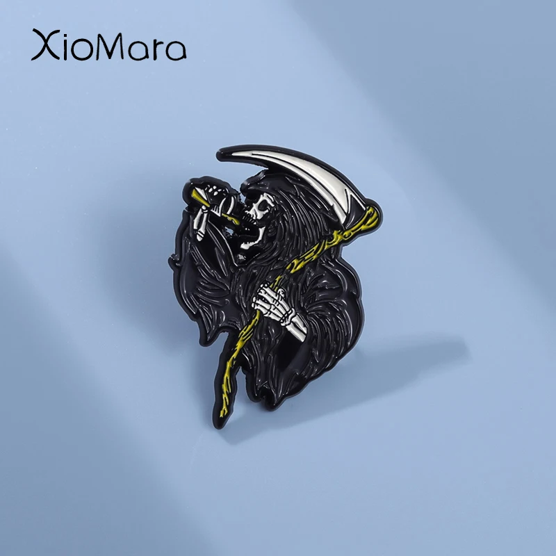 Tod Sichel Schädel Brosche Emaille Pin Halloween Punk Ghost Metall Abzeichen Dekoration Kragen Revers Schmuck Zubehör Geschenk für Freund