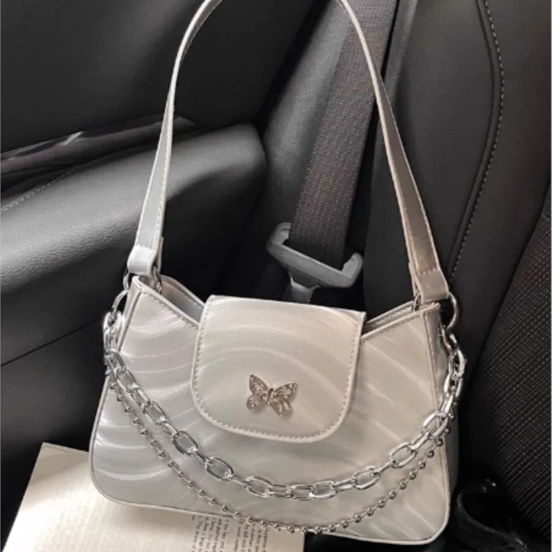 Silver Butterfly Design Shoulder Bag Women Chain Water Wave Leather Underarm Handbag Ladies Hot Girl Y2k Aesthetic Crossbody Bag
