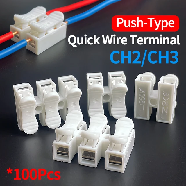 100pcs 2/3 Pin Push-in Spring Loaded Connector, CH2 CH3 5A 250V Wire Cable Connector for Electrical Lighting 1