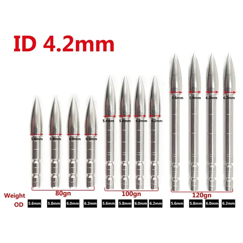ID4.2mm ArrowHead 80 100 120 150 200 Grain High Quality Stainless Steel ArrowPoint Tip DIY Arrow Shaft Archery Accessories Archery Arrowhead 12pcs