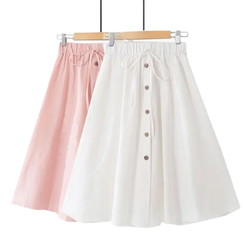 

Cotton Linen Bow Skirt High Waist Aline Vintage Skirts 2024 Summer New Arrivals Single Buttons Skirt Plus size Spring skirts 5XL