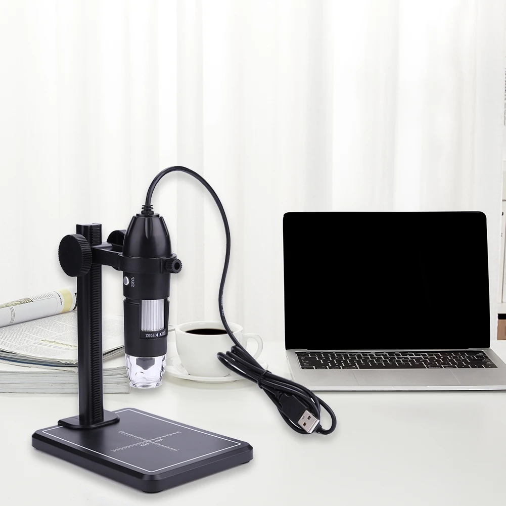 8개의 LED와 리프트 스탠드가 있는 1600X USB 디지털 현미경, 줌 카메라 돋보기, 2MP 비디오 현미경 (Win10, Win8, Win7 호환)