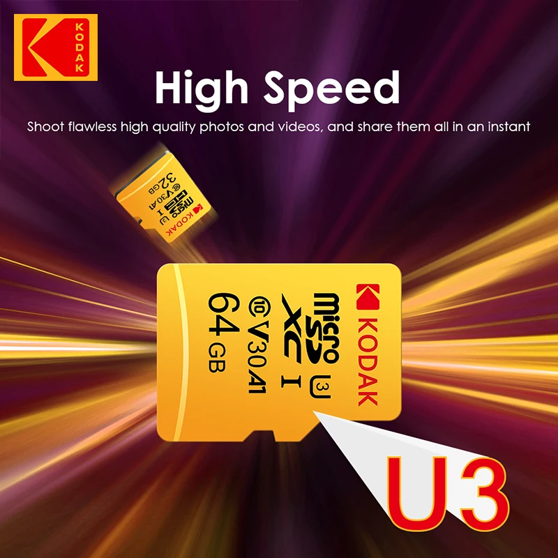 KoDak 메모리 카드 클래스 10 미니 SD 카드, 고속 플래시 카드, 미니 SD TF 카드, 32GB U3 64GB