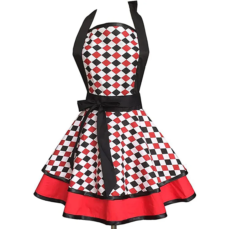 

Modern Minimalism Cotton Apron Plaid Patchwork Polka Dot Striped Cotton Double Layer Skirt Bow Server Work Dress Apron