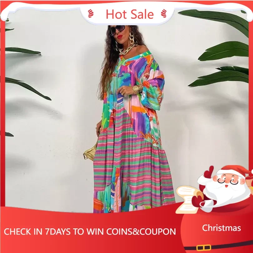 

Spring Summer African Women Long Sleeve V-neck Printing Long Dress Maxi Dress Dashiki African Dresses for Women XS-3XL