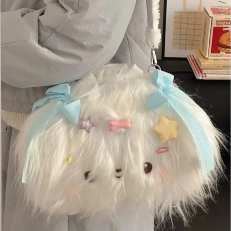JIAERDI Sweet Cute Plush Lolita Handbag Women Bow Star Large Capacity Backpack Ladies Kawaii Long Hair Puppy Mochilas Mujer 2025