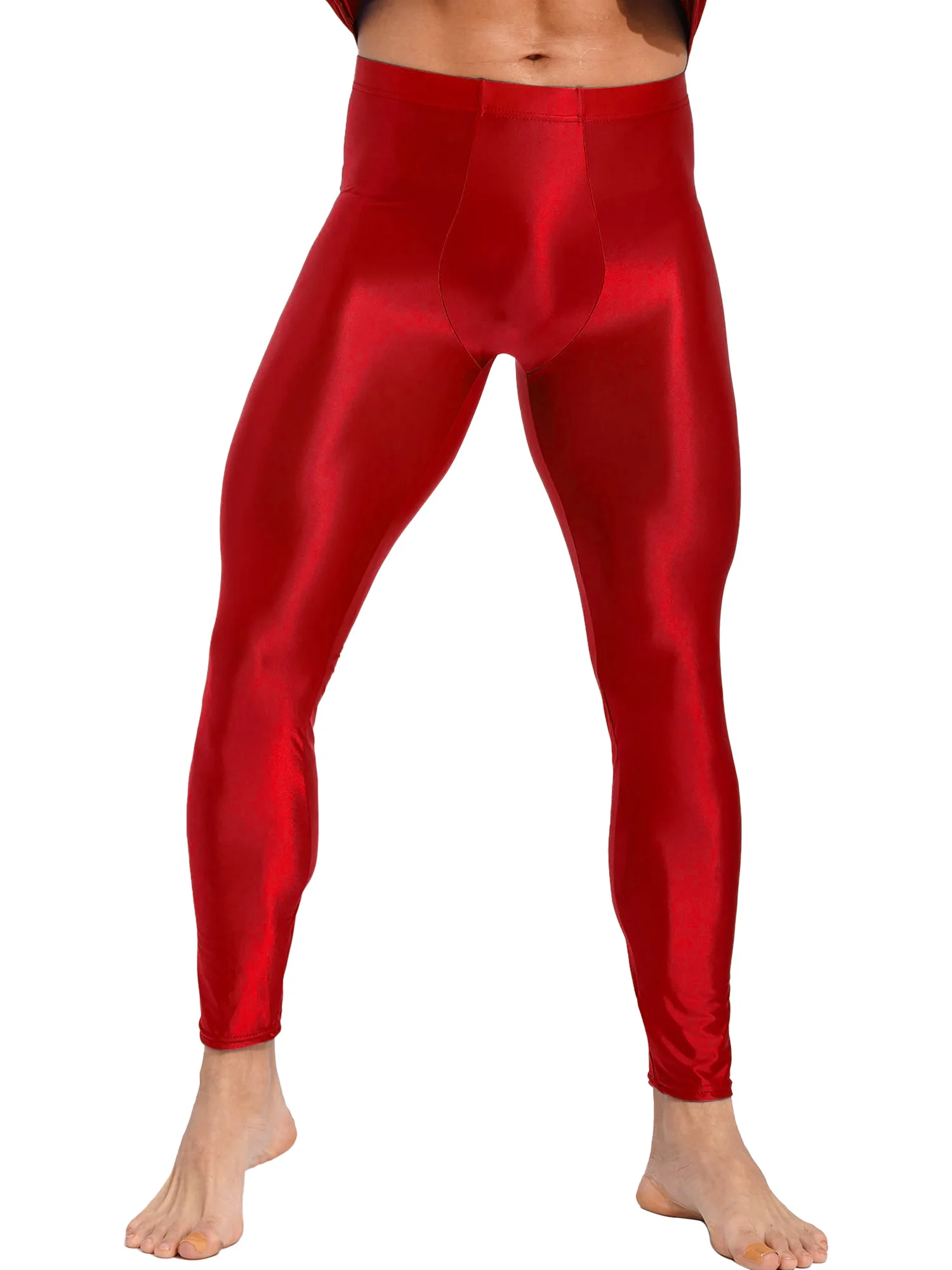 

#M-XXL Mens Oil Glossy Solid Color Leggings Elastic Waistband Skinny Pants Yoga Exercise Running Workout Gym Fitness Trousers