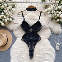 Foamlina Women's PU Leather Patchwork Mesh Bodysuit Sexy Hollow Out Slim Fit Lace Up Bandage Club Party Body Suit Woman Clothes - Image 4