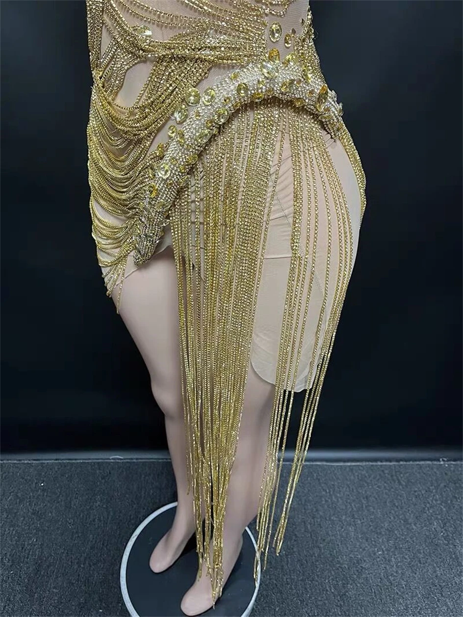 High Quality  Shining Diamonds Long Tassels Golden Celebrate Elegant Evening Party Dress Sexy Strapless Sleeveless Mini Dress