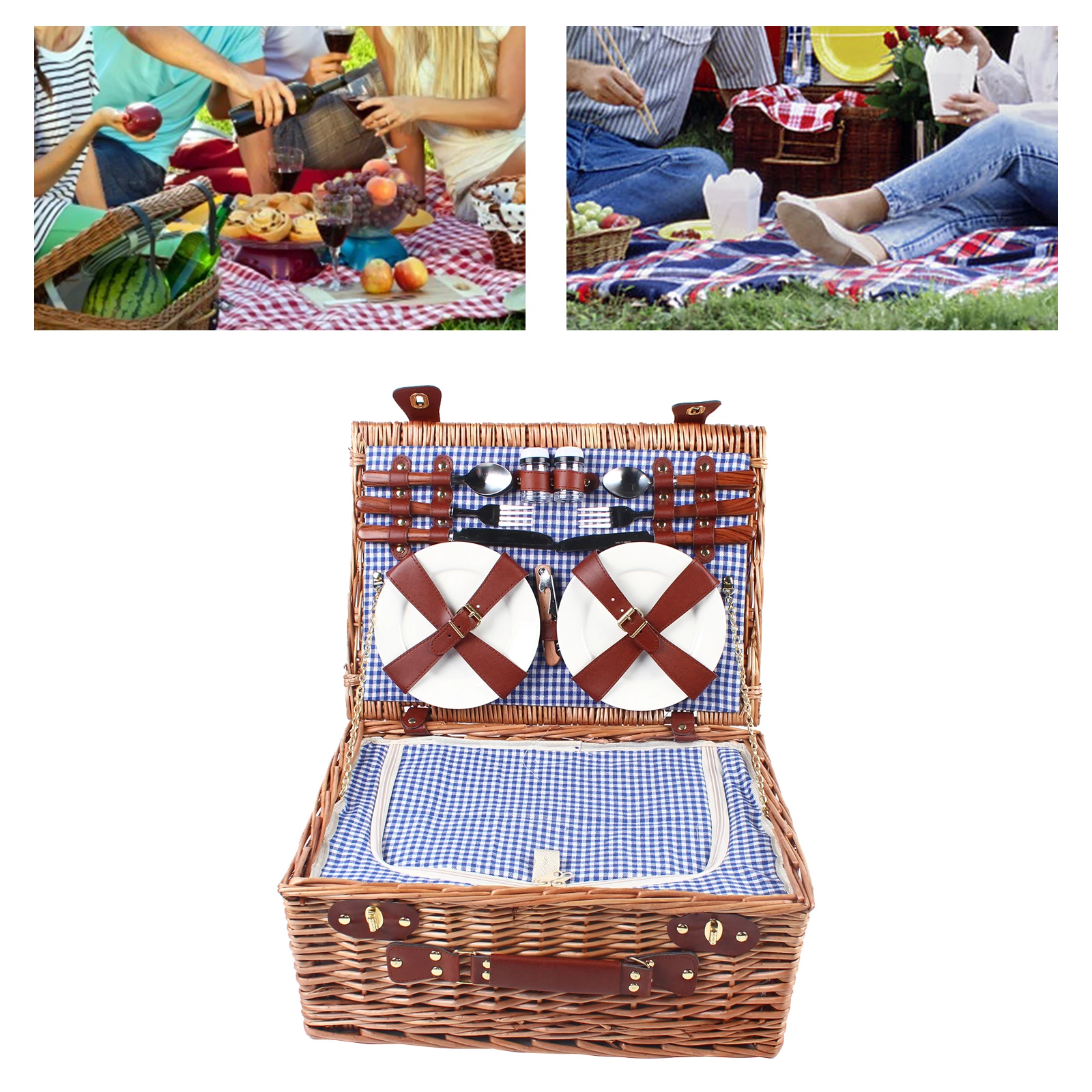 4 Person Insulated Picnic Basket Set Wicker Basket with Picnic Ware Set for Fruits Beverages Storage Camping Outdoor 5