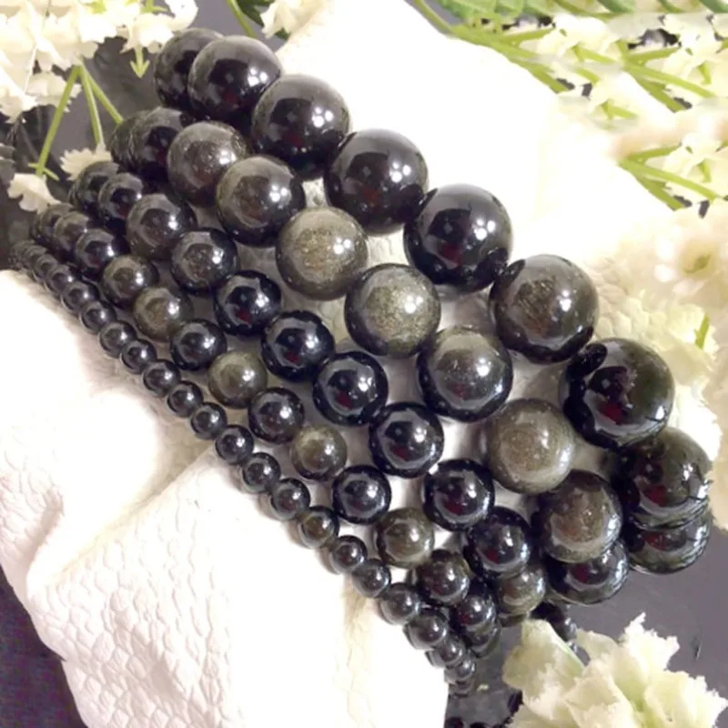 

Obsidian Beaded Bracelet Handmade Stretch Healing Crystal Gemstom Bracelet Reiki Jewelry 4mm 6mm 8mm 10mm 12mm