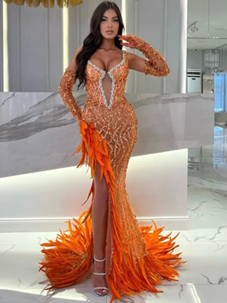 

Elegant Evening Dresses for Women 2023 Luxury Orange Deep V Neck Beading Sequines Embroidery Open Leg Feathers Prom Gowns