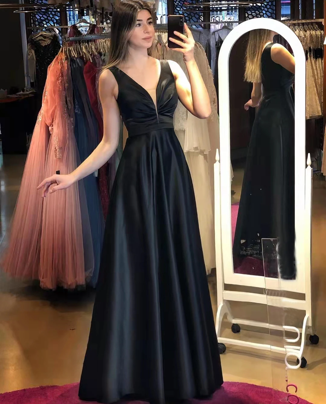 white evening dresses Deep V Neck Evening Dresses Long Satin A Line فساتين السهرة Empire Waist Party Prom Gown for Women plus size ball gowns Evening Dresses