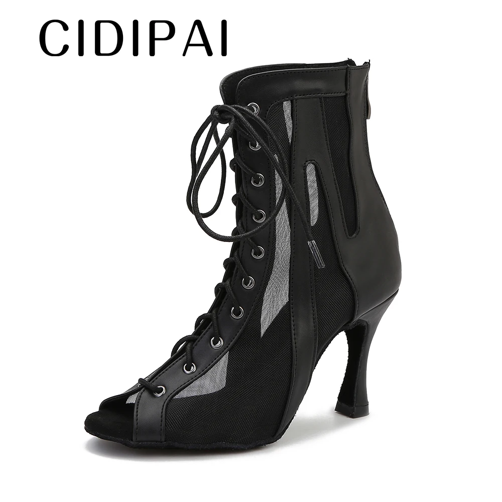 Microfiber Leather Dance Shoes Female High Top Ballroom Dance Boots Woman Latin Dance Shoes Breathable Mesh Party High Heels 9CM 2