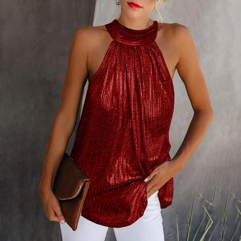Allegra K Donna Top Corto Metallizzato Sexy Canotte da Donna Senza Maniche per Club Festa per Festa di Halloween Argento L