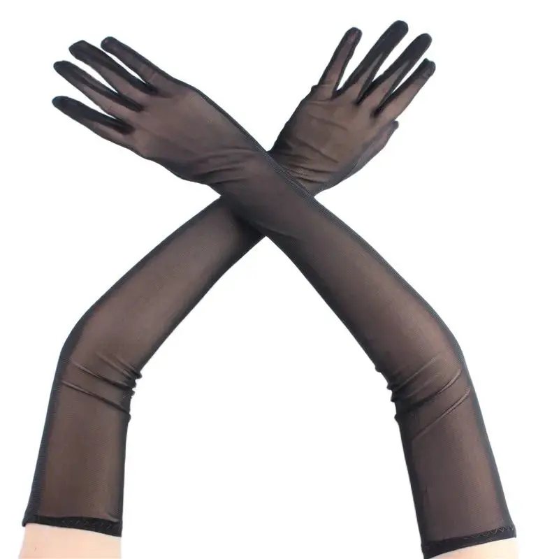 53cm Elasticity Tulle Mesh Transparent Gloves Women Sunscreen Breathable Driving Gloves