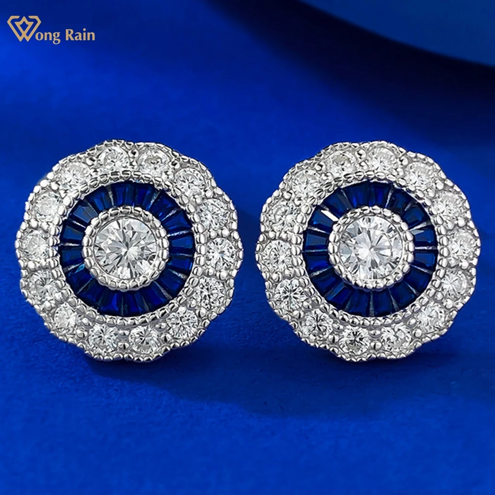 Wong Rain 100% 925 Sterling Silver 4.5 MM Round Cut Lab Sapphire Gemstone Flower Ear Studs Earrings Fine Jewelry Gifts Wholesale