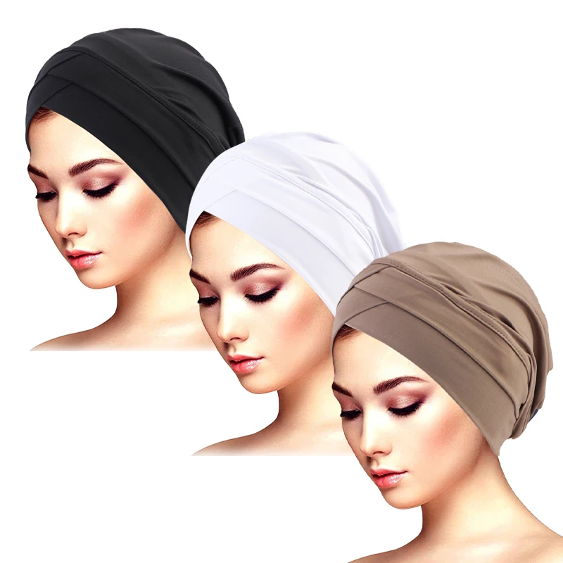 3PCS/LOT Popular Double Chiasma Elastic Turban Hat For Women Muslim Bottom Cap Fashion Solid Color Multifunction Wrap Head Hat 3pcs total round 25mm diameter and 1 5mm thick 535nm infrared pass orange color filter glass cb535