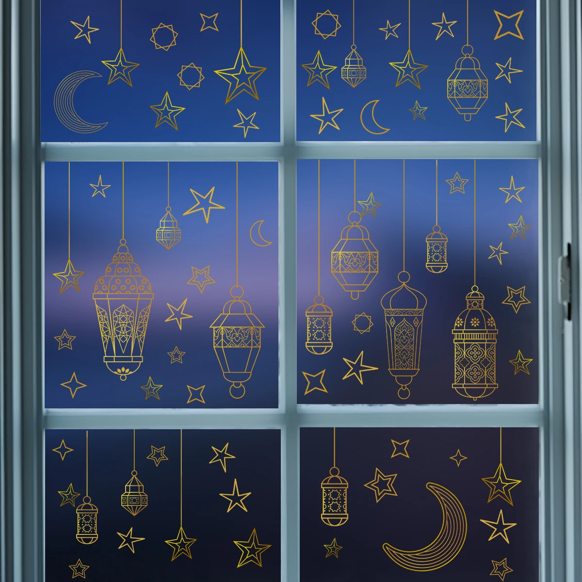 5 Stück/Set Stern-Mond-Lampe, doppelseitig bedruckte, kleberfreie Wandaufkleber, elektrostatische Glasfolie für Schaufensterdekorationen – Detail 18