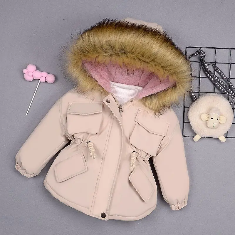 

2023 Winter Baby Cotton Jacket For Girls Coat Cuff Hooded Plush Collar Children Outwear 2 3 5 6 8 Years Kids Cotton Coats Parkas